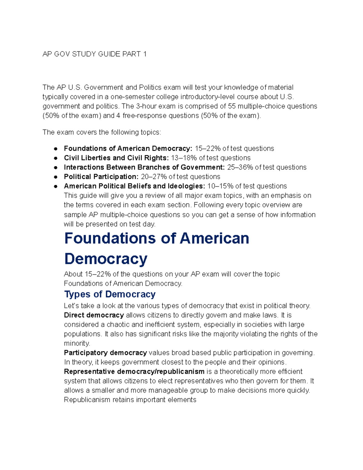 AP GOV Study Guide PART 1 - AP GOV STUDY GUIDE PART 1 The AP U ...