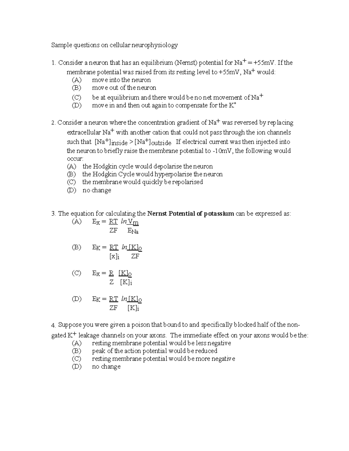 Cellular Neurophysiology Sample Questions - Sample Questions On ...