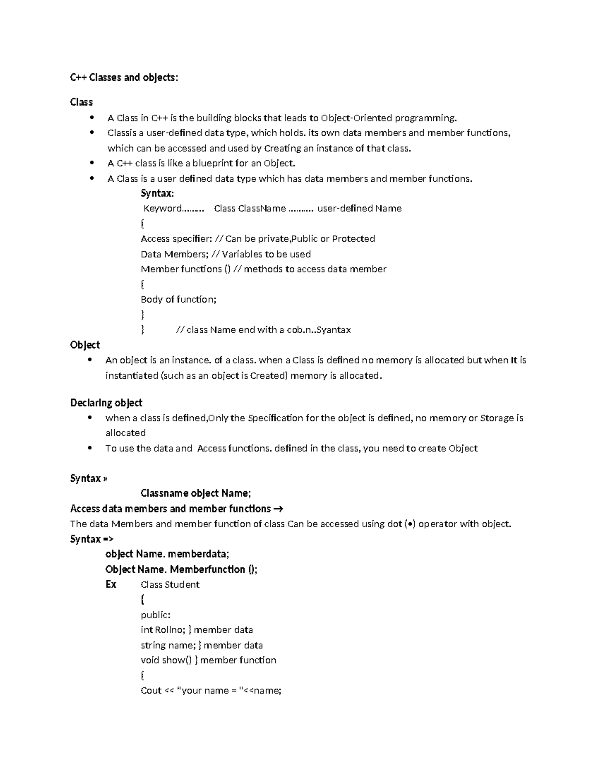 C ++ - basics about class and objects - C++ Classes and objects: Class ...