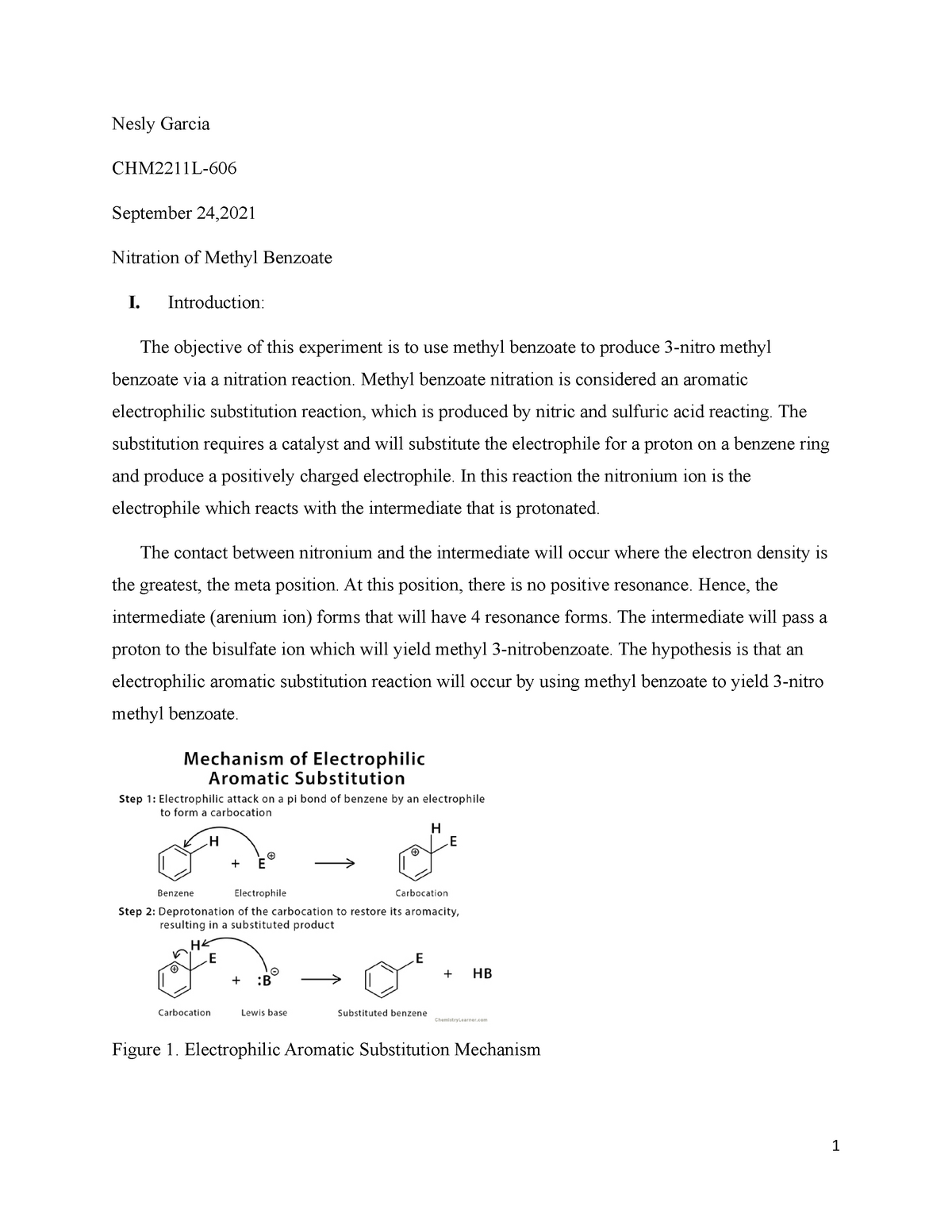 Nitration Methyl benzoate Pre Lab Report - Nesly Garcia CHM2211L ...