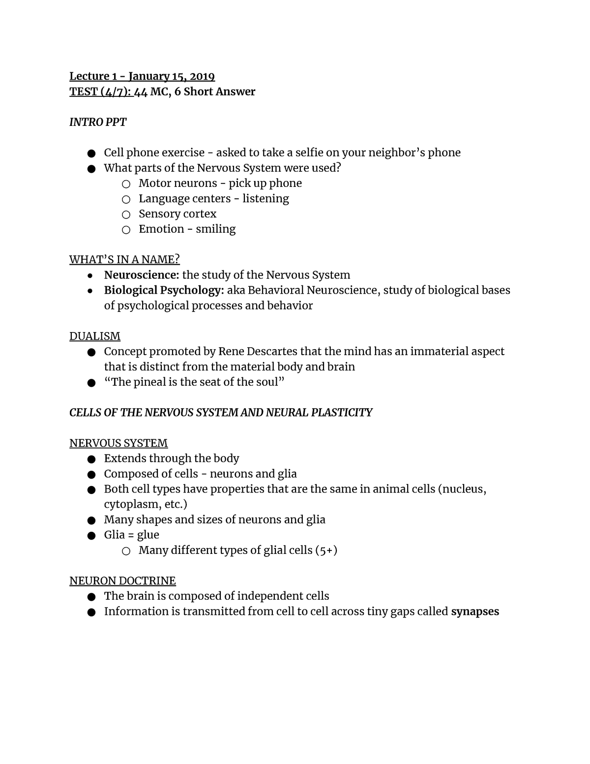 B+B Class Notes (Exam 1) - Lecture 1 - January 15, 2019 TEST (4/7): 44 ...