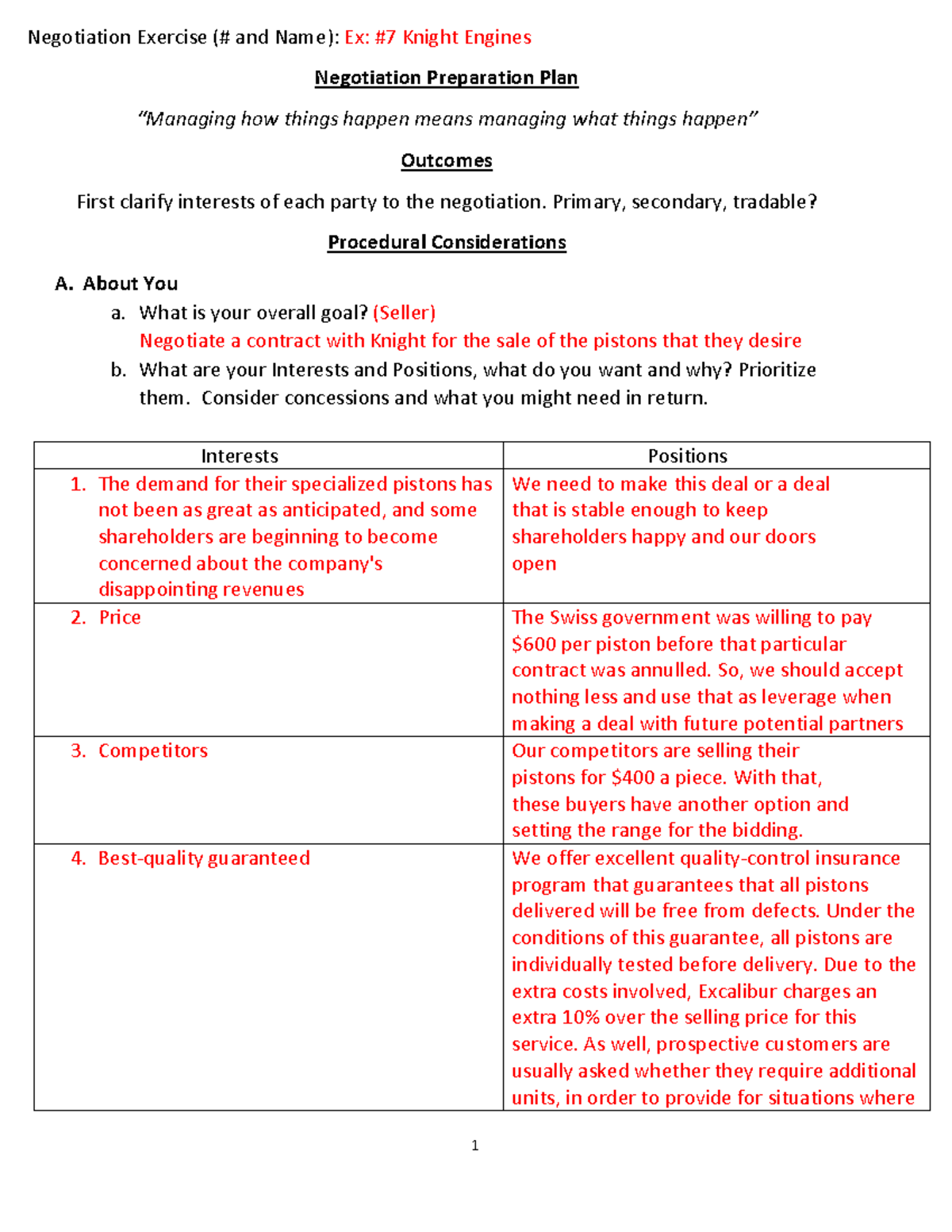 Ex 7 Knight Engine Negotiation Exercise ( and Name) Ex 7