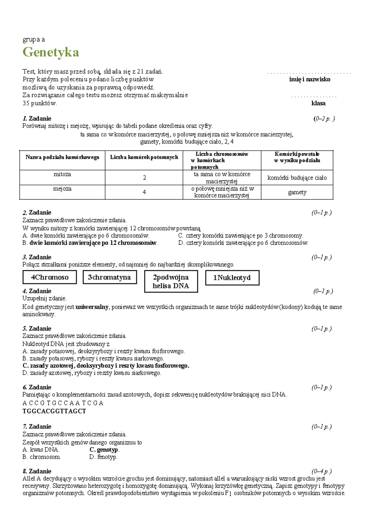Genetyka Sprawdzian Klasa 8 Scribd www.studocu.com