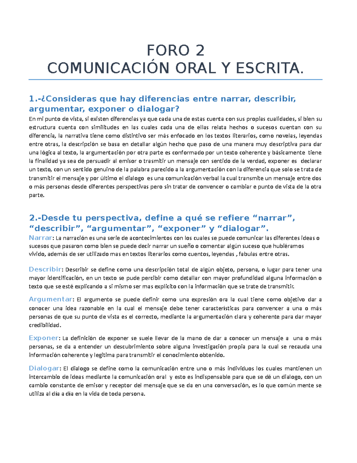 FORO 2 Comunicaón oral y escrita - FORO 2 COMUNICACIÓN ORAL Y ESCRITA ...
