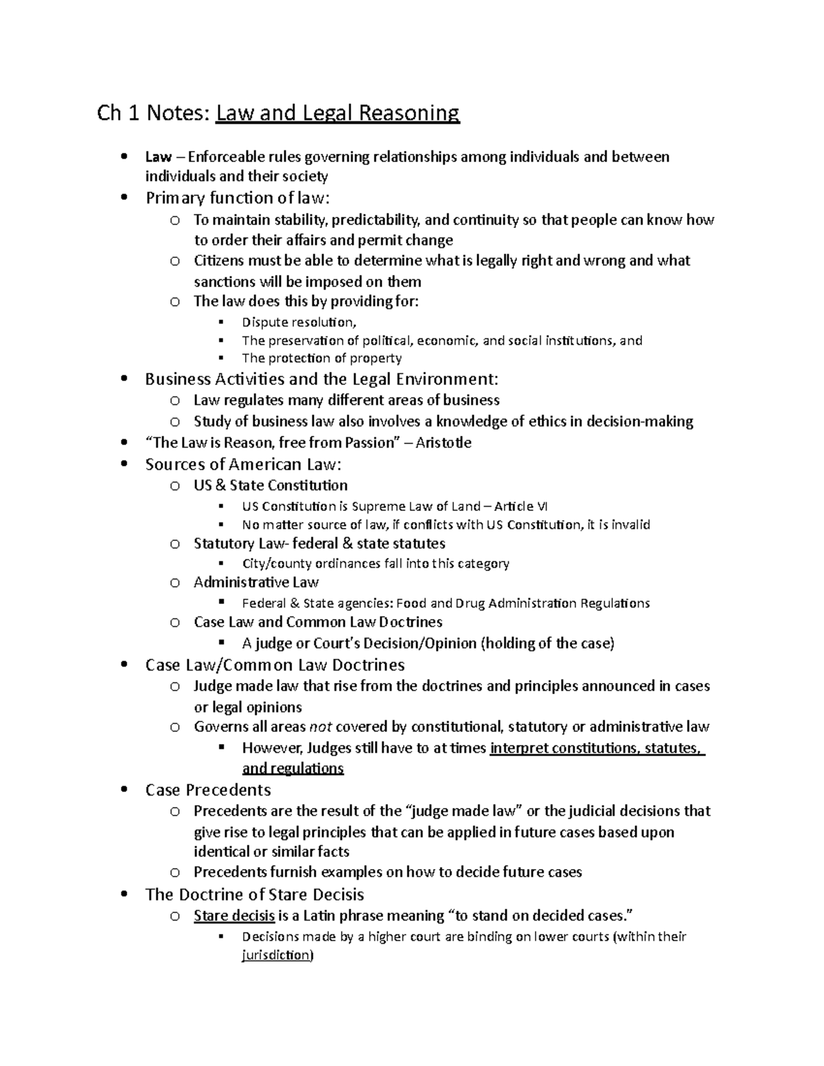 Ch 1 Notes - Ch 1 Notes: Law and Legal Reasoning Law – Enforceable ...