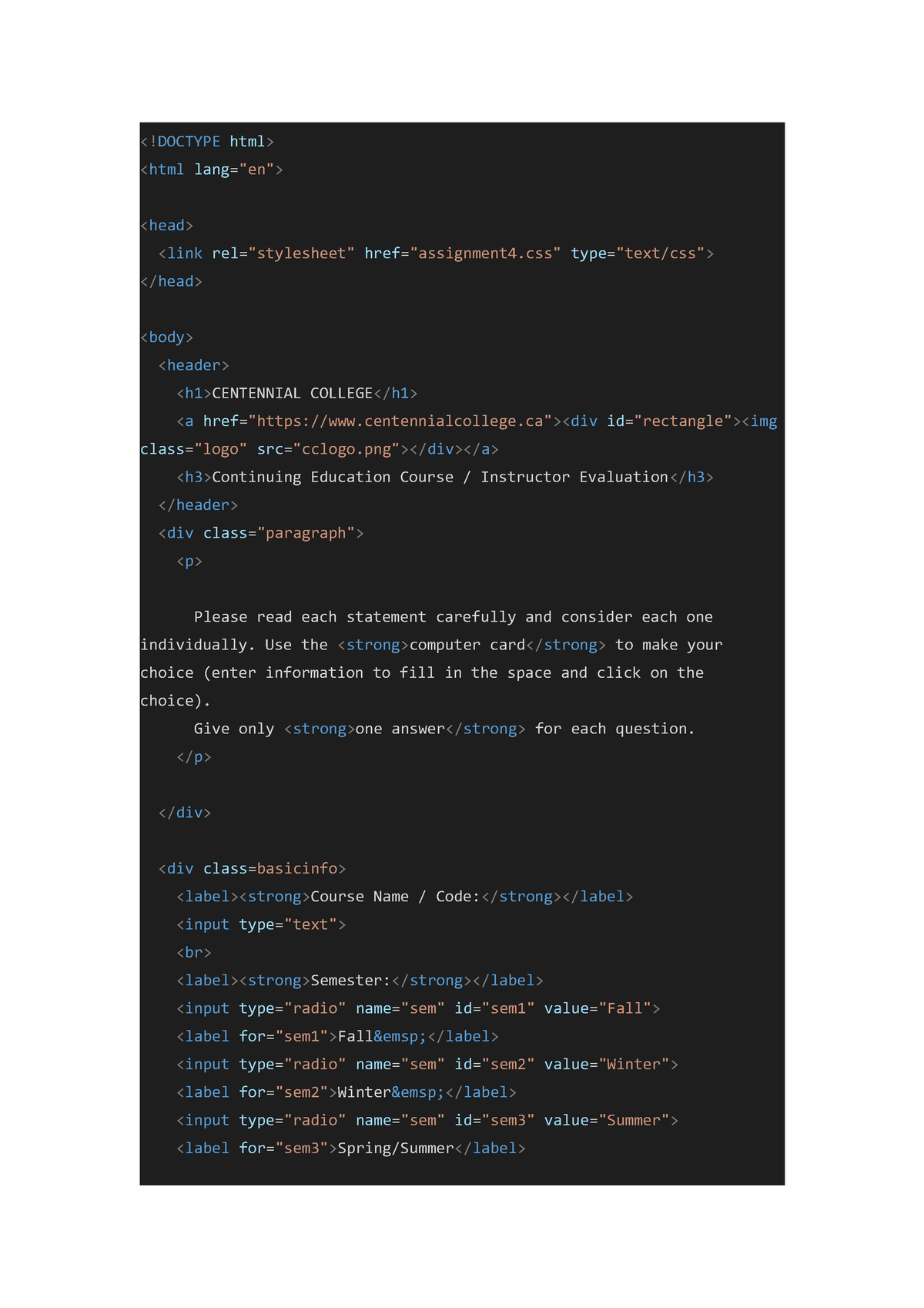 html college assignment