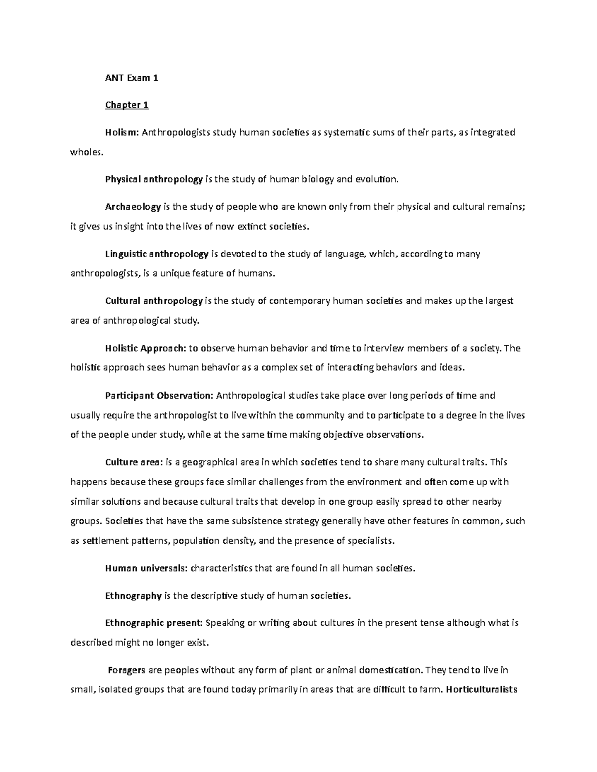 ANT Exam 1 Study Guide - ANT Exam 1 Chapter 1 Holism: Anthropologists ...