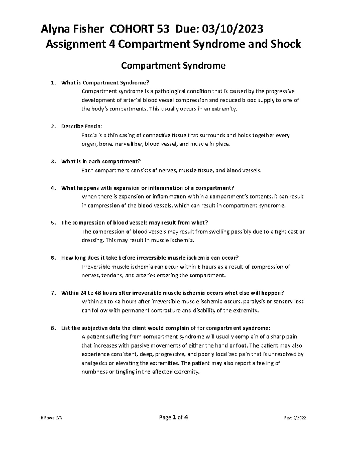Assignment 4 Compartment Syndrome and Shock Ms. Allen Assignment 4