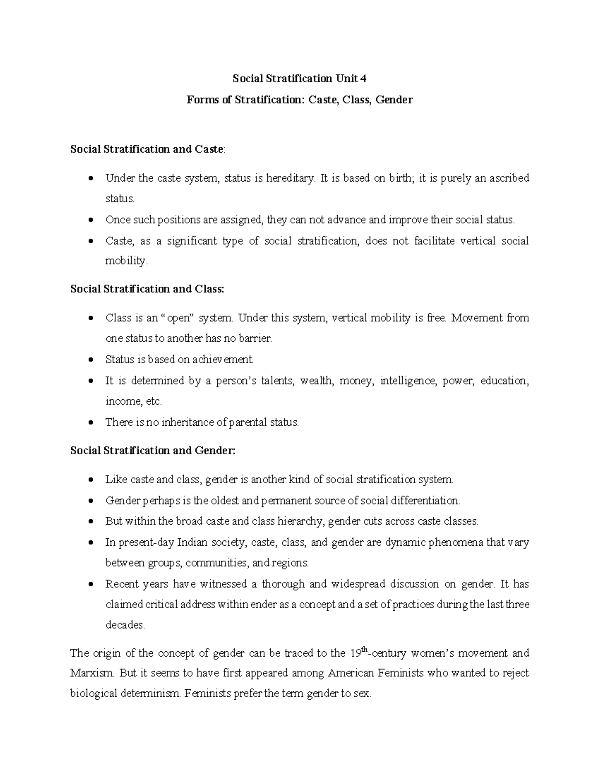 Unit 3 Forms of Stratification Caste, Class, Gender Social