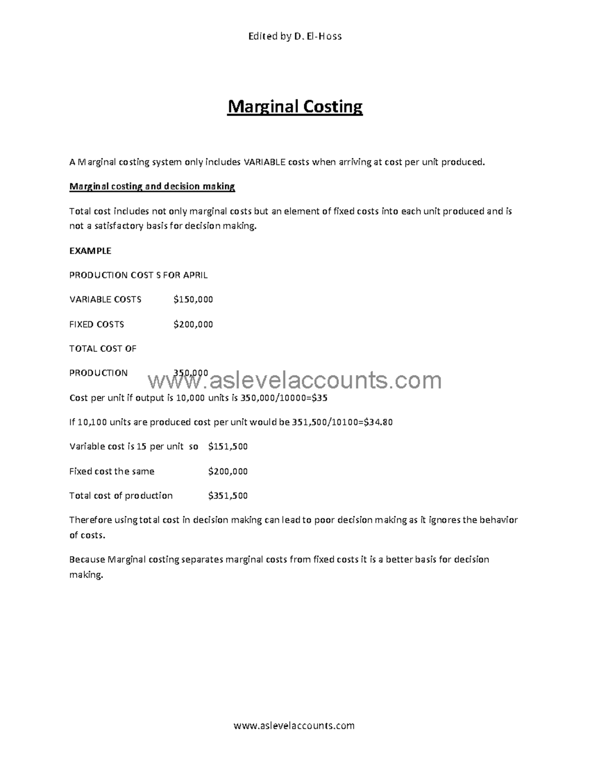Marginal costing notes Marginal Costing A Marginal costing system