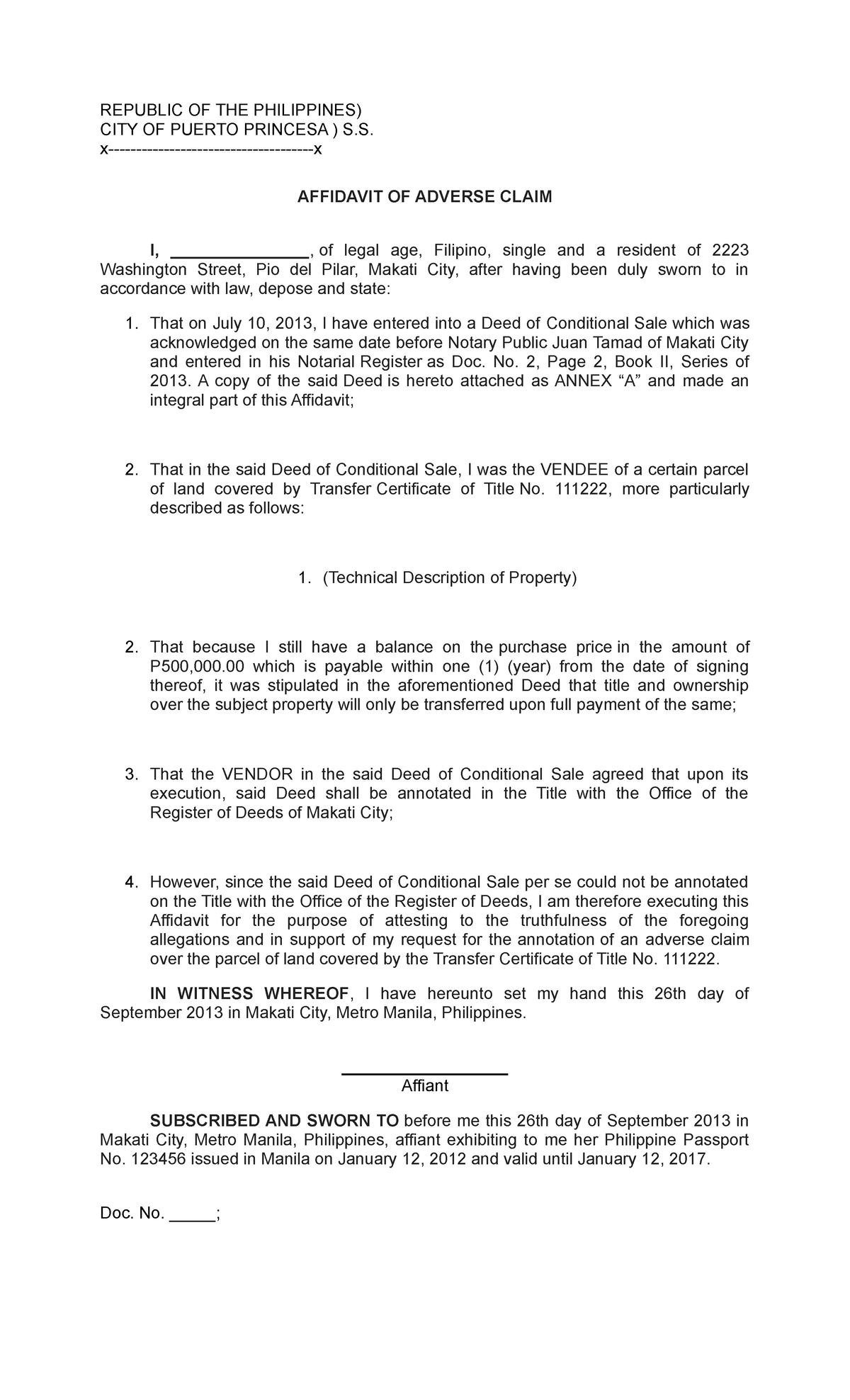 Affidavit Of Adverse Claim Republic Of The Philippines City Of Puerto Princesa S X X 1196