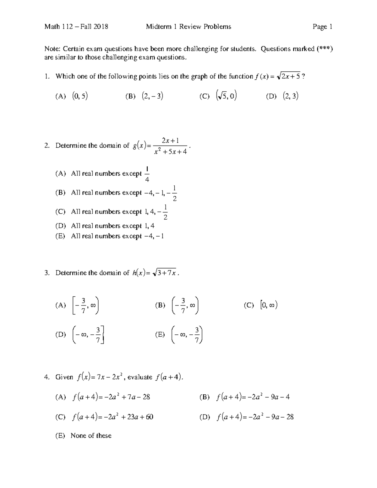 Fall 2018 Midterm 1 Study Aid - Note: Certain exam questions have been ...