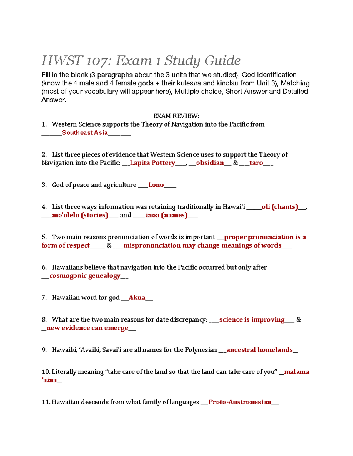 HWST 107 Exam 1 Study Guide - HWST 107: Exam 1 Study Guide Fill In The ...