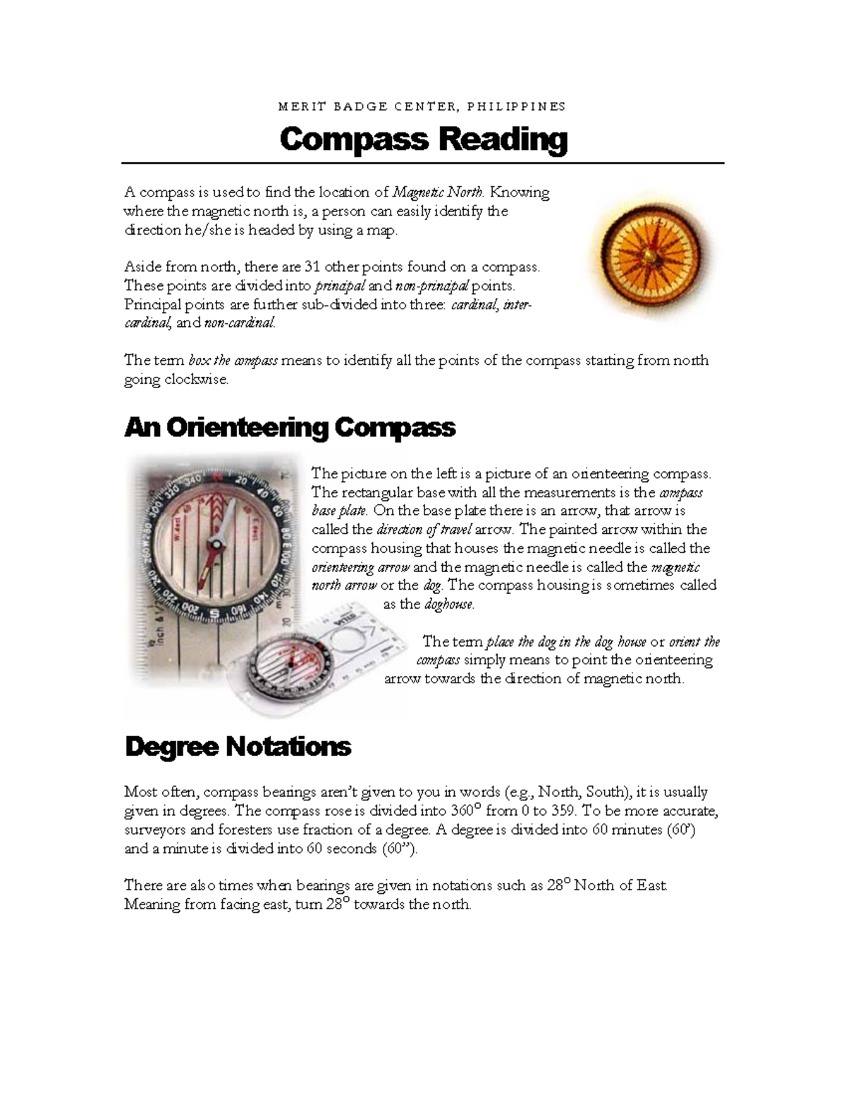 Compass Reading none M E R I T B A D G E C E N T E R , P H I L I P