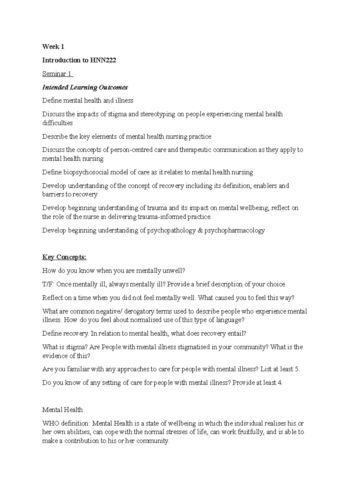 HNN222 Week 1 - Lecture notes 1 - Week 1 Introduction to HNN Seminar 1 ...