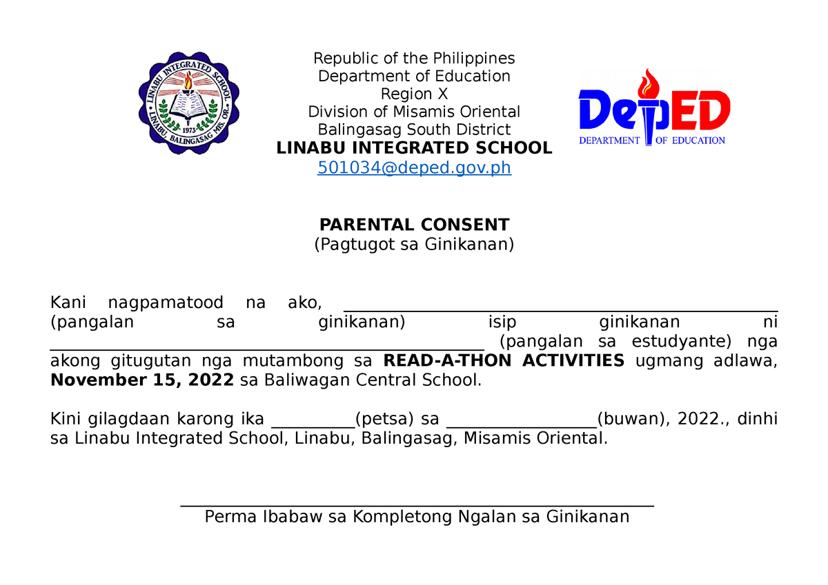 Parental Consent - letter - Republic of the Philippines Department of ...