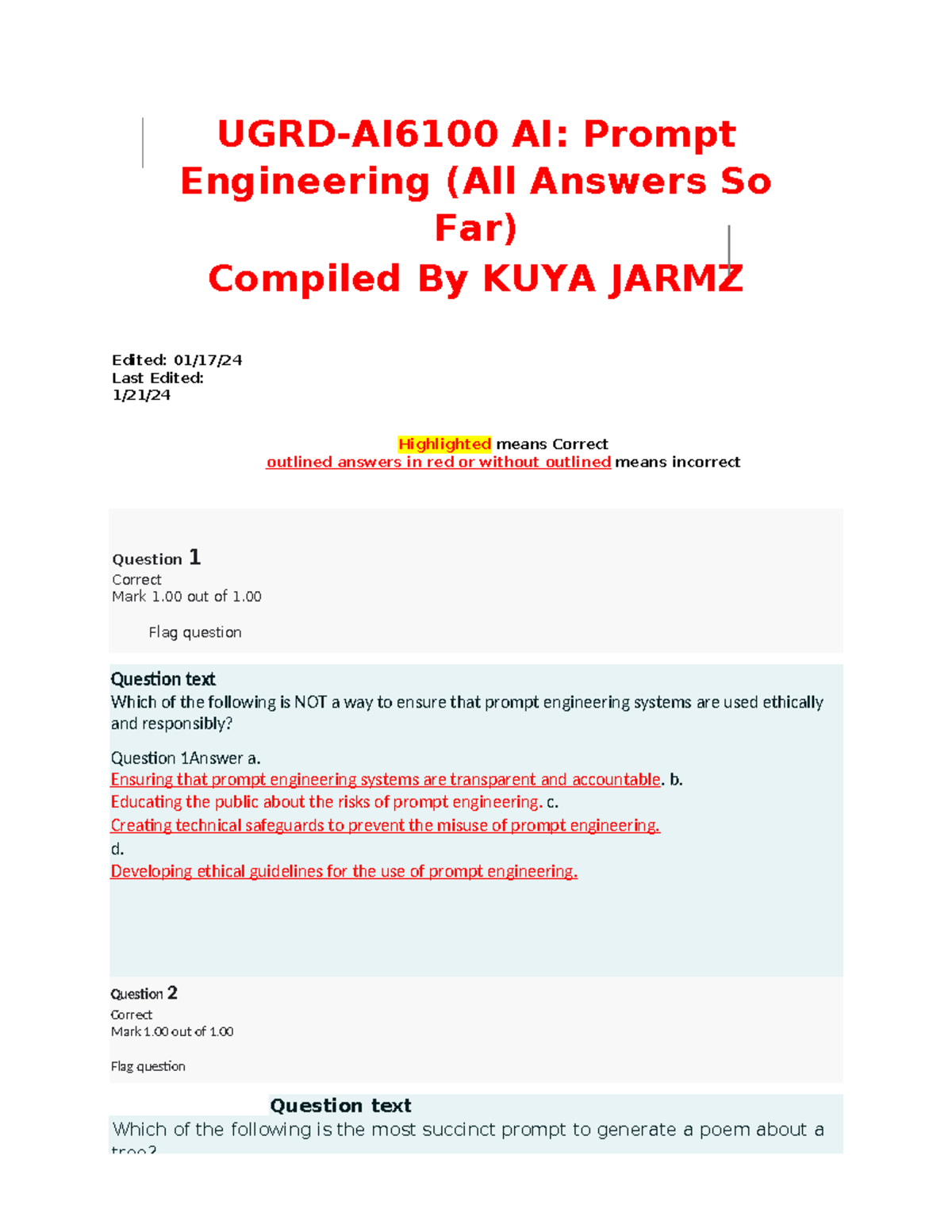 UGRD AI6100 AI Prompt Engineering Prelims V2 - Question 1 Correct Mark ...