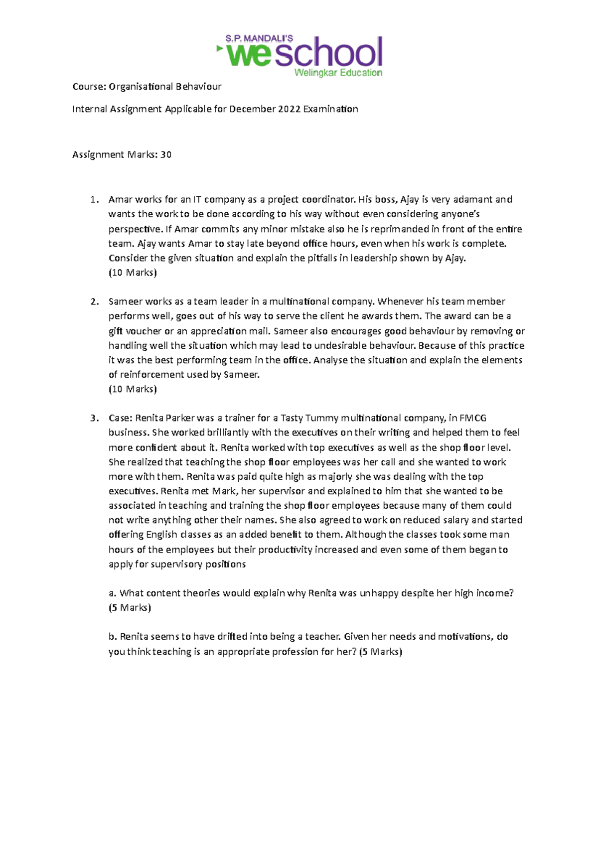 Organisational Behaviour - Course: Organisational Behaviour Internal ...