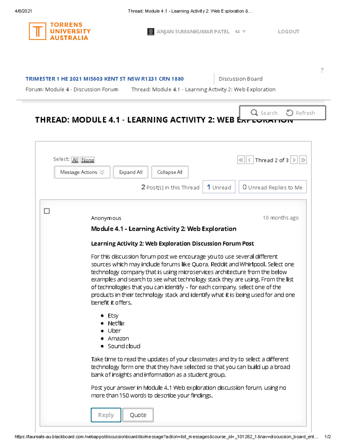 Thread Module 4.1 - Learning Activity 2 Web Exploration & - 4/8/2021 ...