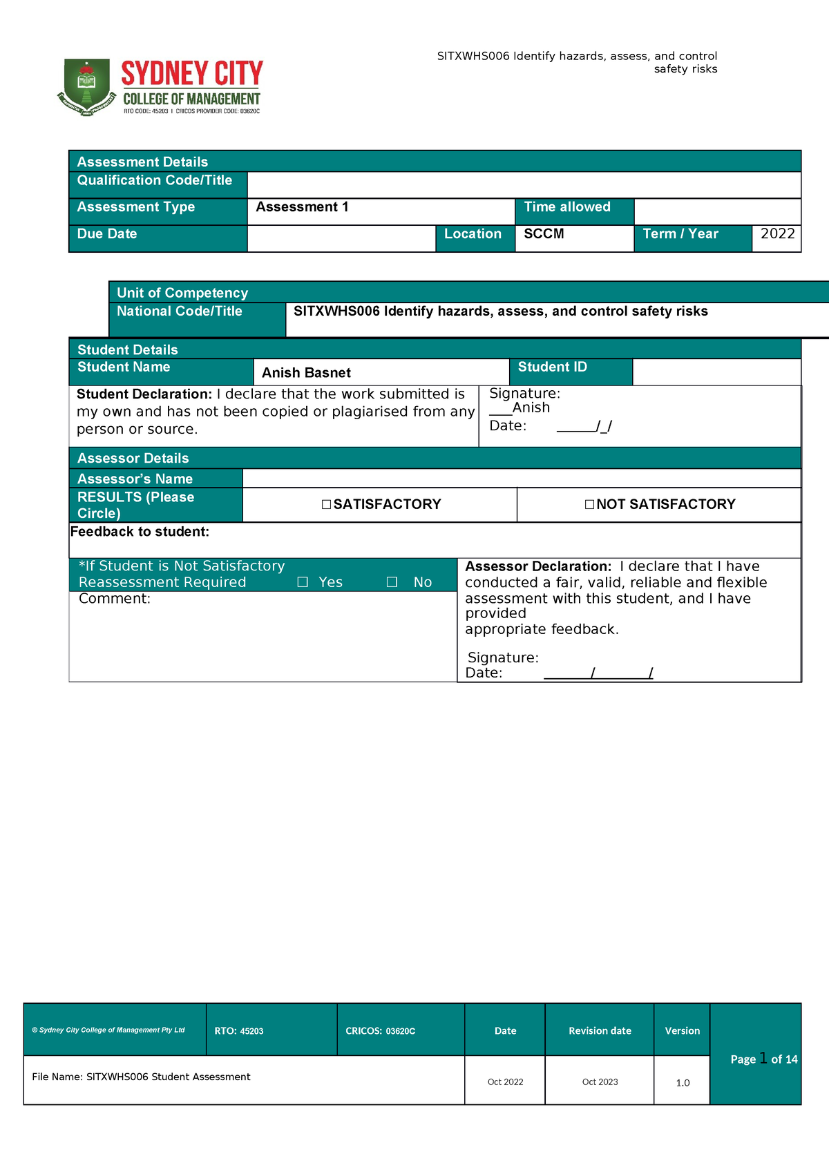 Sitxwhs 006 Student Assessment Task2 - Safety Risks Student Assessment ...