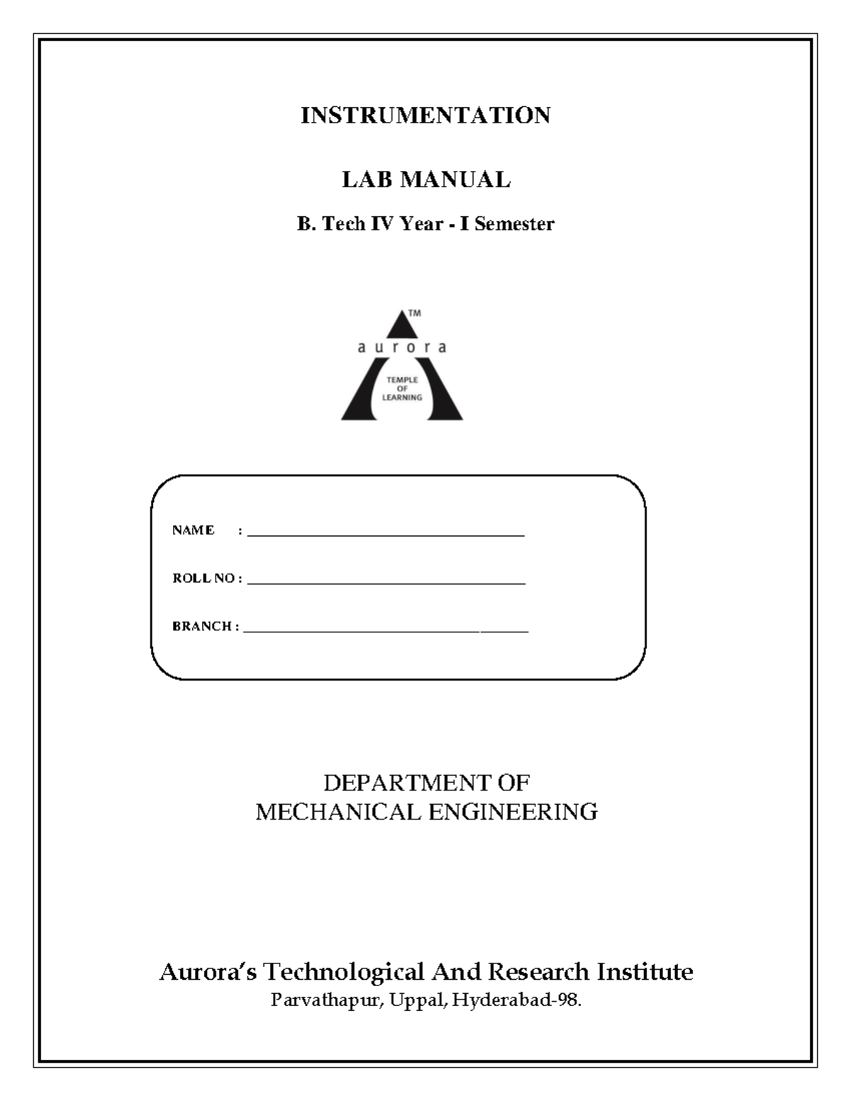 Instrumentation LAB manual INSTRUMENTATION LAB MANUAL B. Tech IV Year