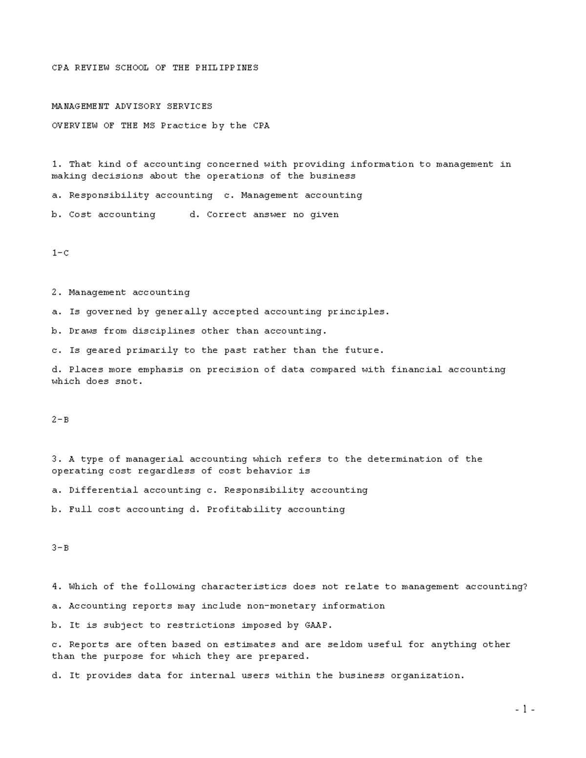 MANAGEMENT ADVISORY SERVICES OVERVIEW OF THE MS Practice - CPA REVIEW ...