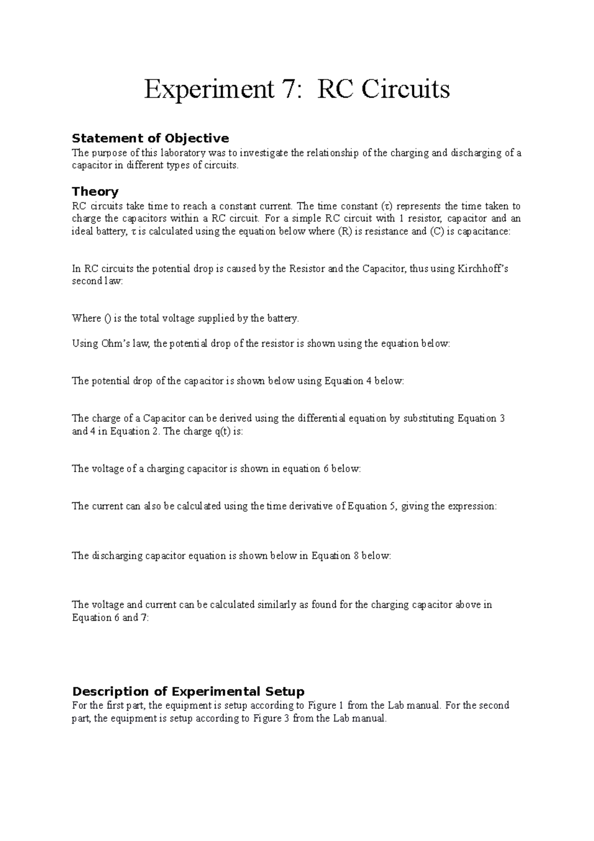 Physics 7 studoc Experiment 7 RC Circuits Statement of