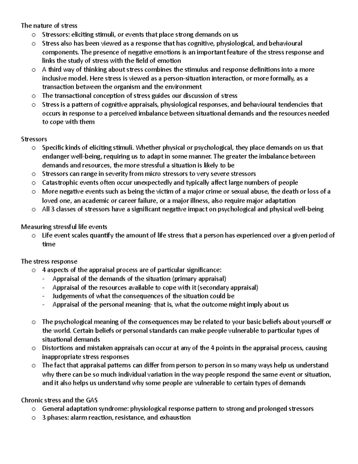 Chapter 15 - Lecture notes 6 - The nature of stress o Stressors ...