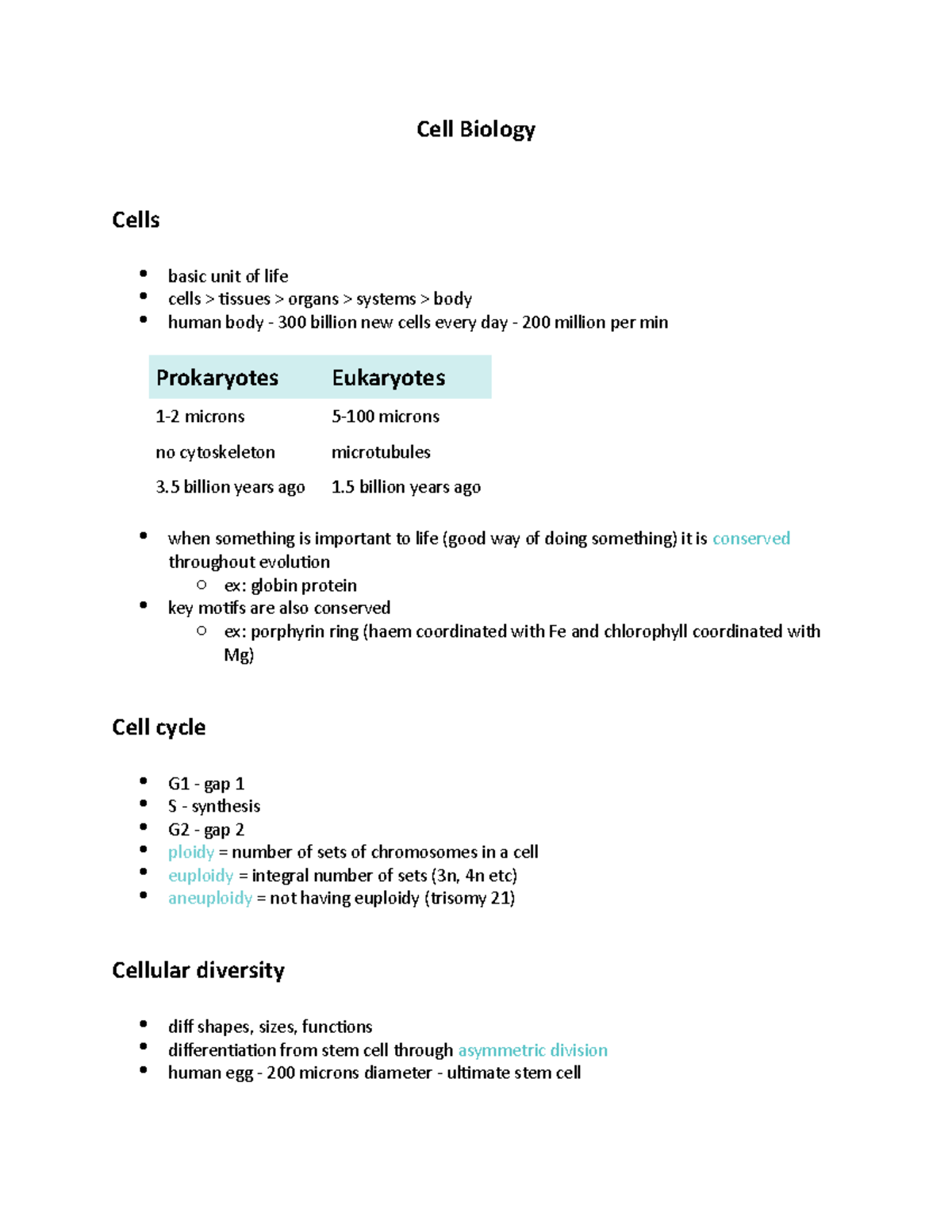 Cell Biology Notes (week 1-lectures 1-2) - Cell Biology Cells Basic ...