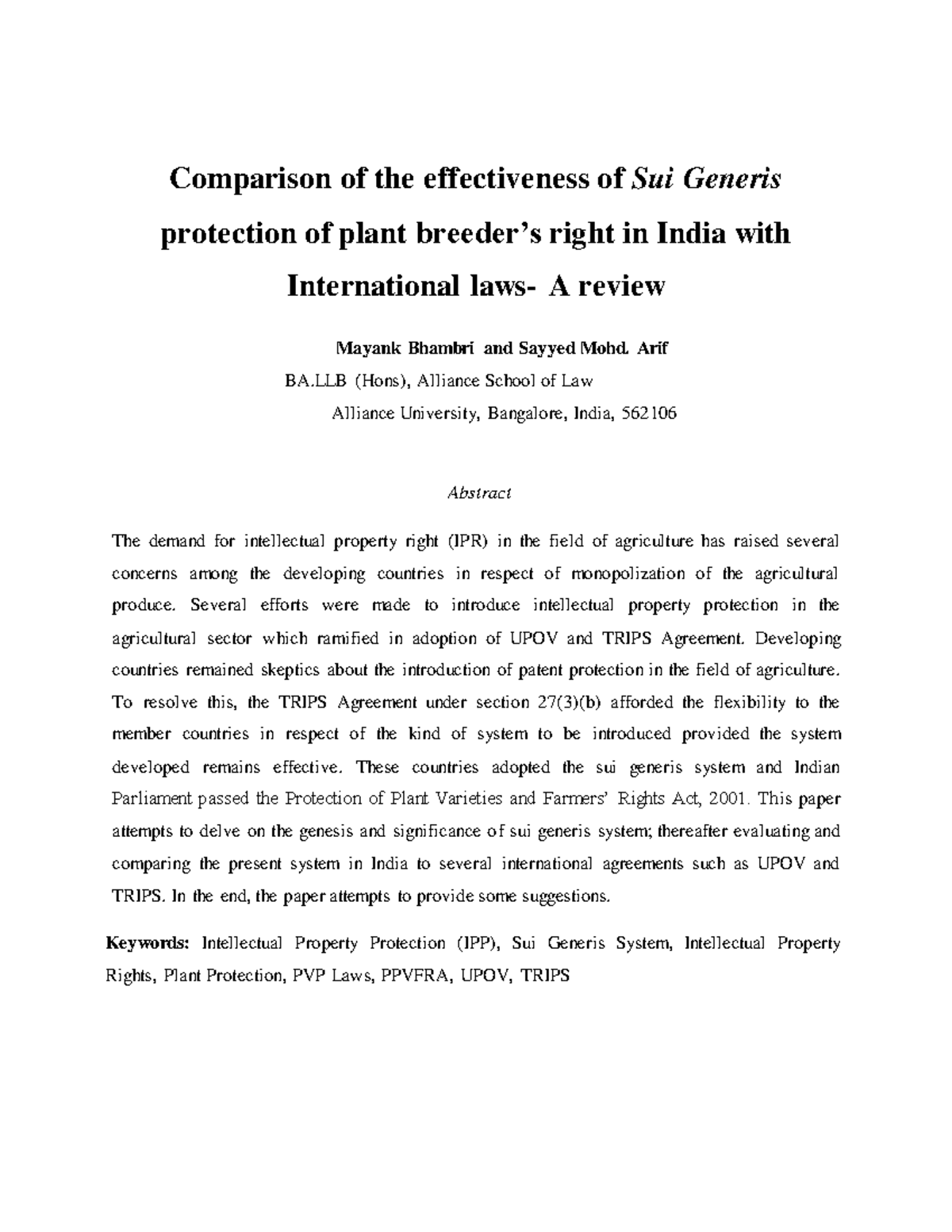 Comparison of the effectiveness of Sui Generis protection of plant ...