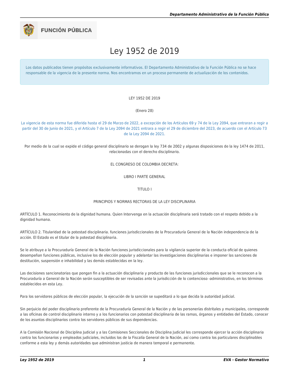 Ley 1952 De 2019 Codigo General Disciplinario - Geodesia Geométrica ...