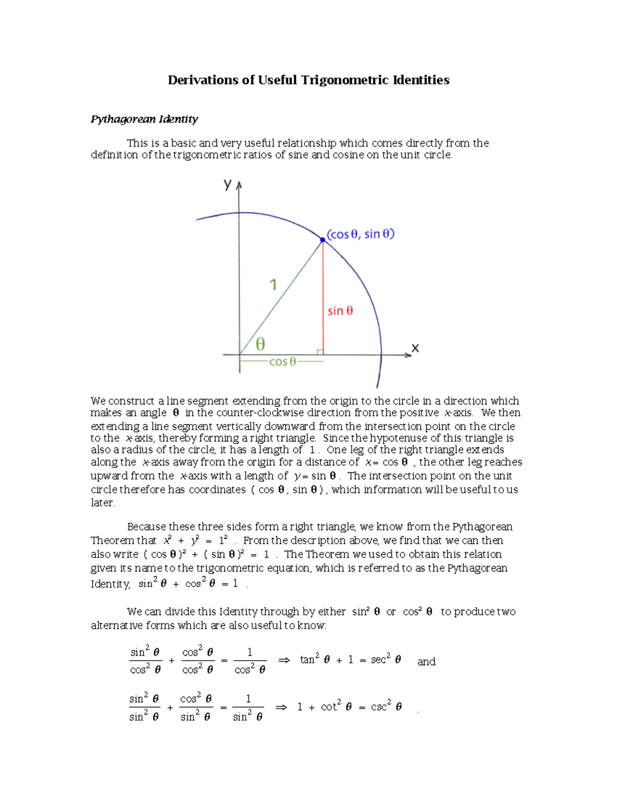 Trigonometric Identities - Derivations Of Useful Trigonometric ...