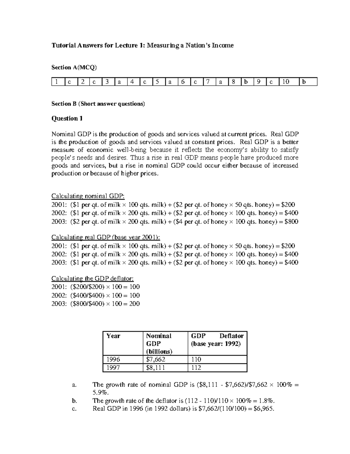 Lutorial Answers for Lecture 1 - Real GDP is the production of goods ...