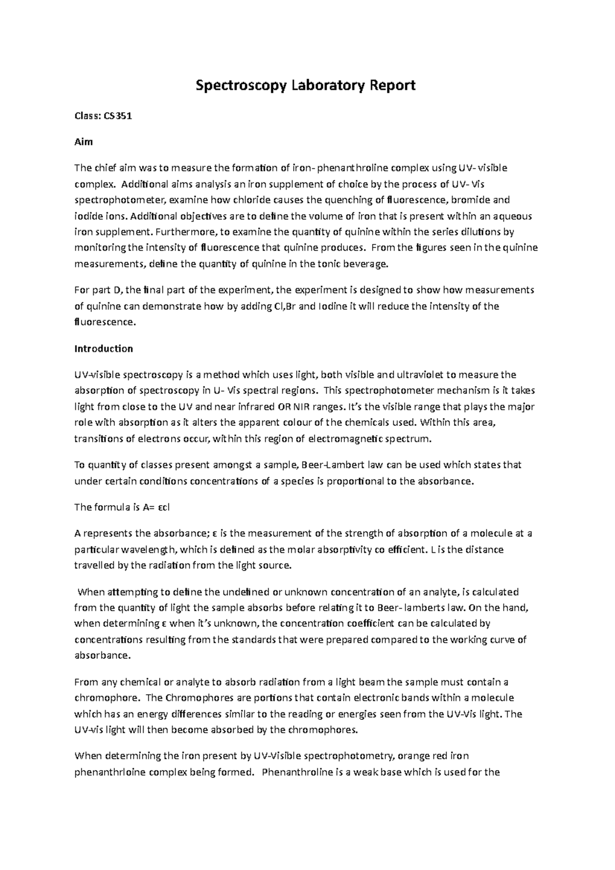 Spectroscopy Laboratory Report Spectroscopy Laboratory Report Class