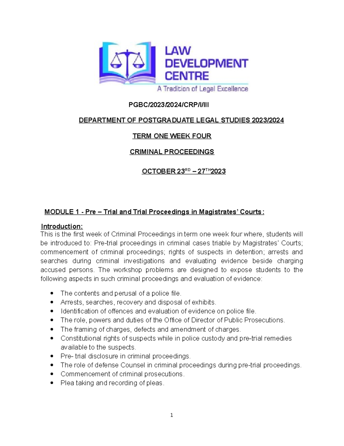Criminal Proceedings Workshops TERM 1 WK 4 2023-24 - PGBC/2023/2024/CRP ...
