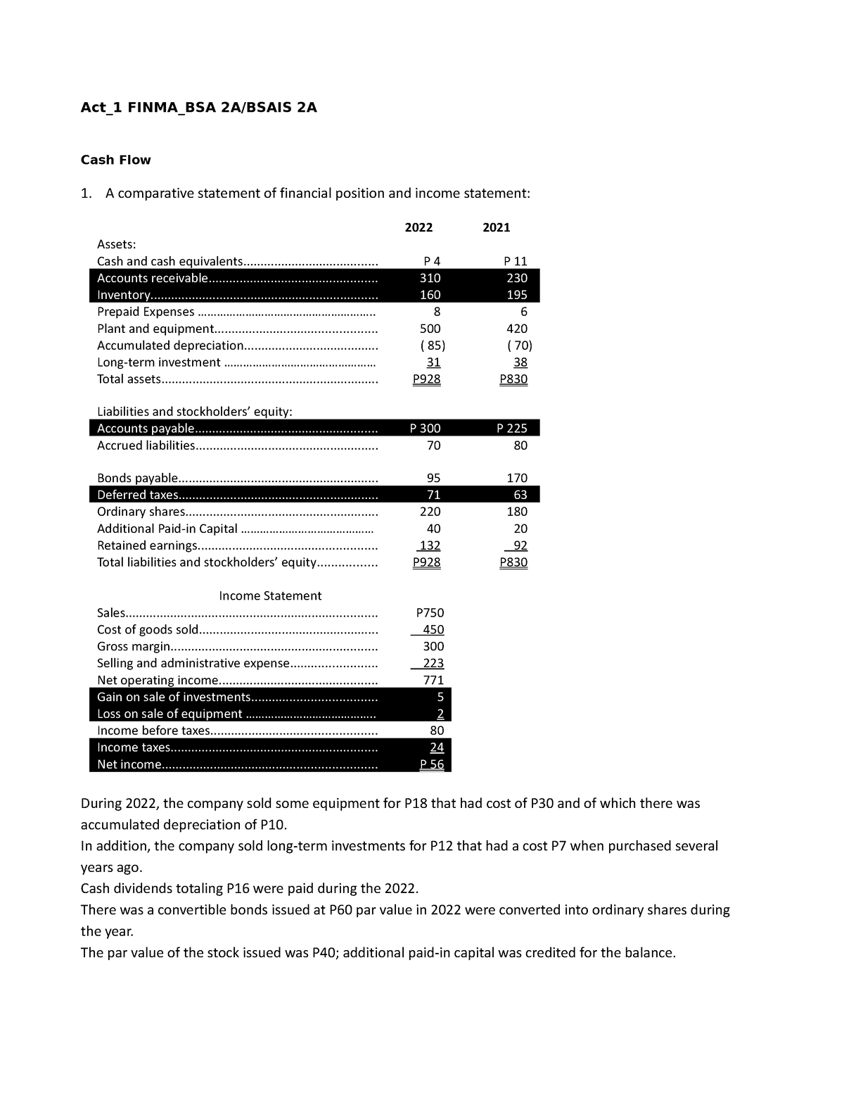 Finma Activity 1 Cash Flow - Act_1 FINMA_BSA 2A/BSAIS 2A Cash Flow 1. A ...