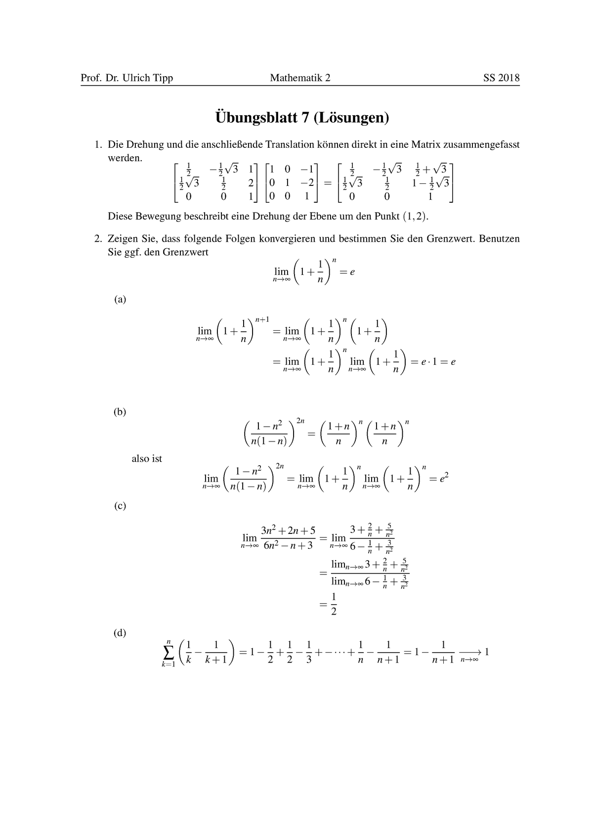 Übungsblatt 7 (Lösungen) - Prof. Dr. Ulrich Tipp Mathematik 2 SS 2018 ...