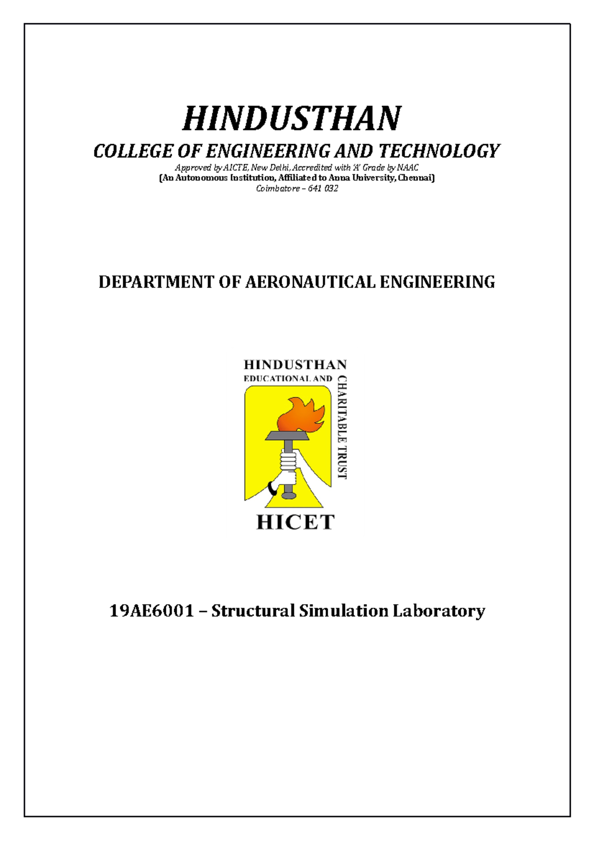19AE6001 Record - HINDUSTHAN COLLEGE OF ENGINEERING AND TECHNOLOGY ...