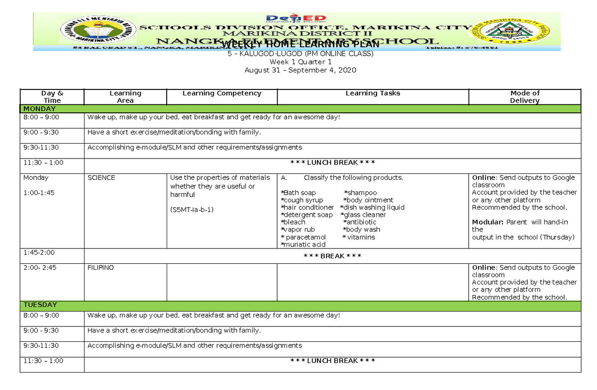 Sample Weekly HOME Learning PLAN - WEEKLY HOME LEARNING PLAN 5 ...