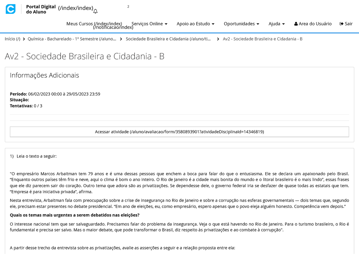 Av2 - Sociedade Brasileira E Cidadania - B - Portal Digital Do Aluno ...