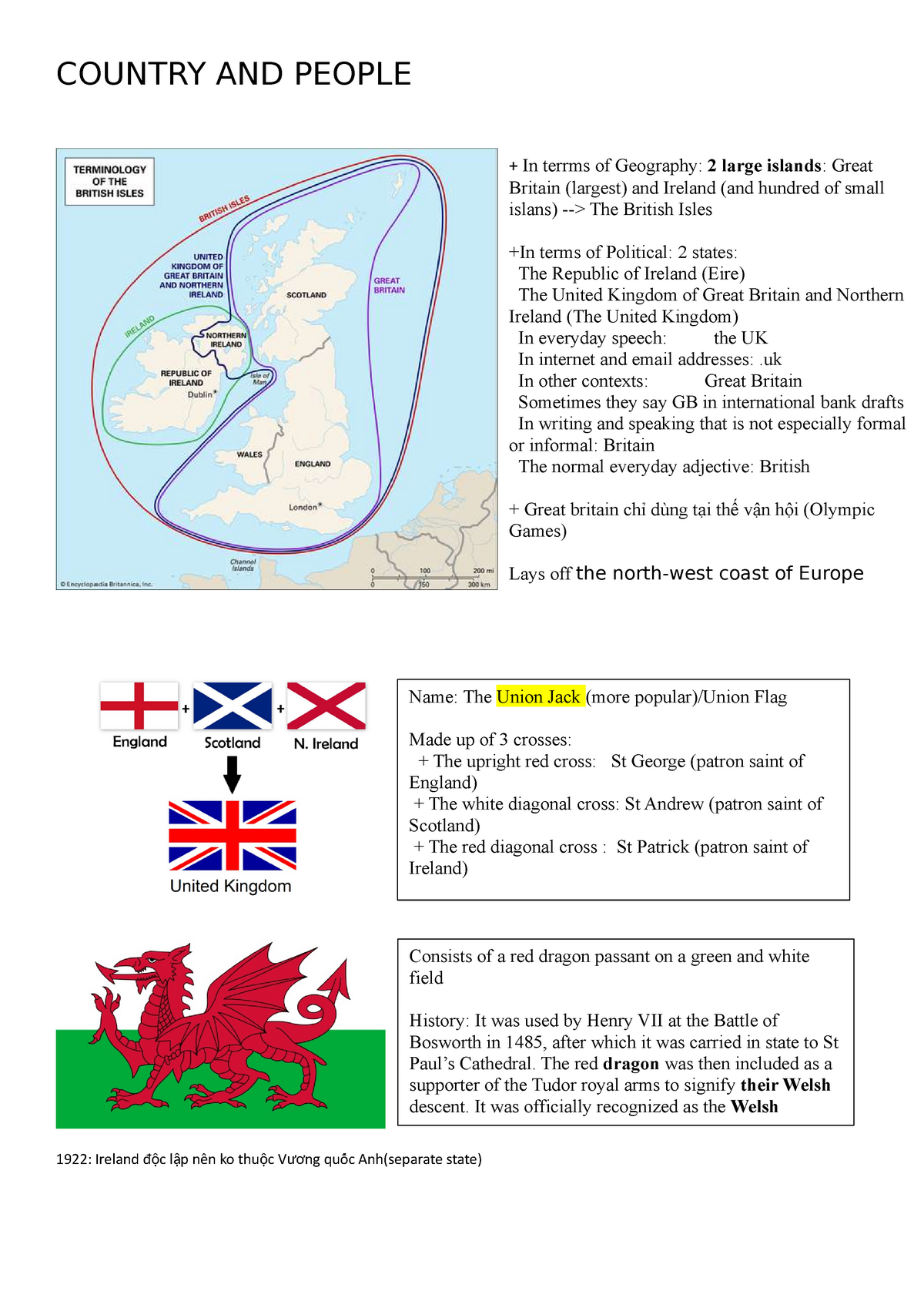 Tóm tắt môn học Văn hóa Anh - COUNTRY AND PEOPLE 1922: Ireland đ c l p nên ko thu c V ng quốốc - Studocu