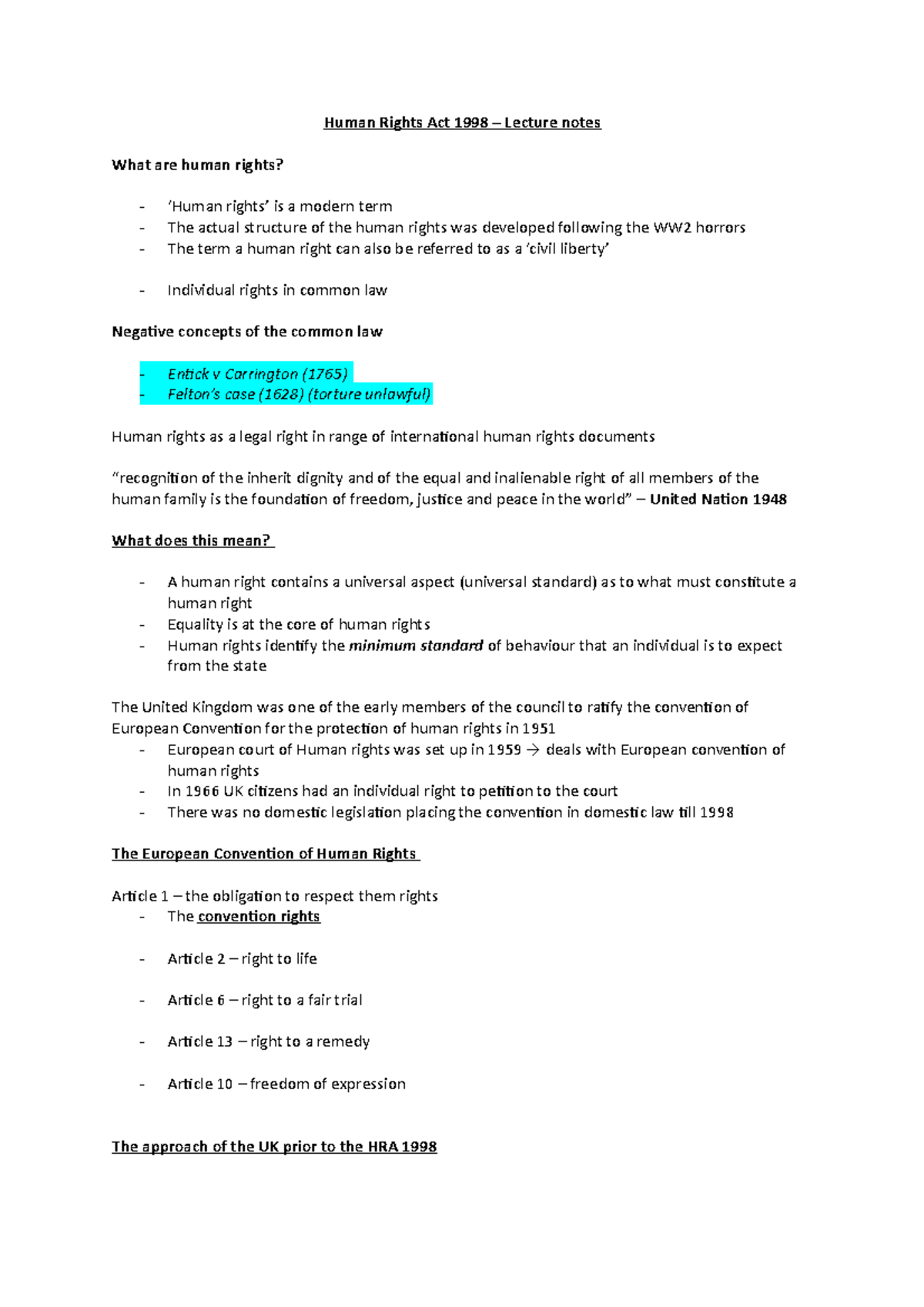 HRA 1998 lecture notes - Human Rights Act 1998 – Lecture notes What are ...