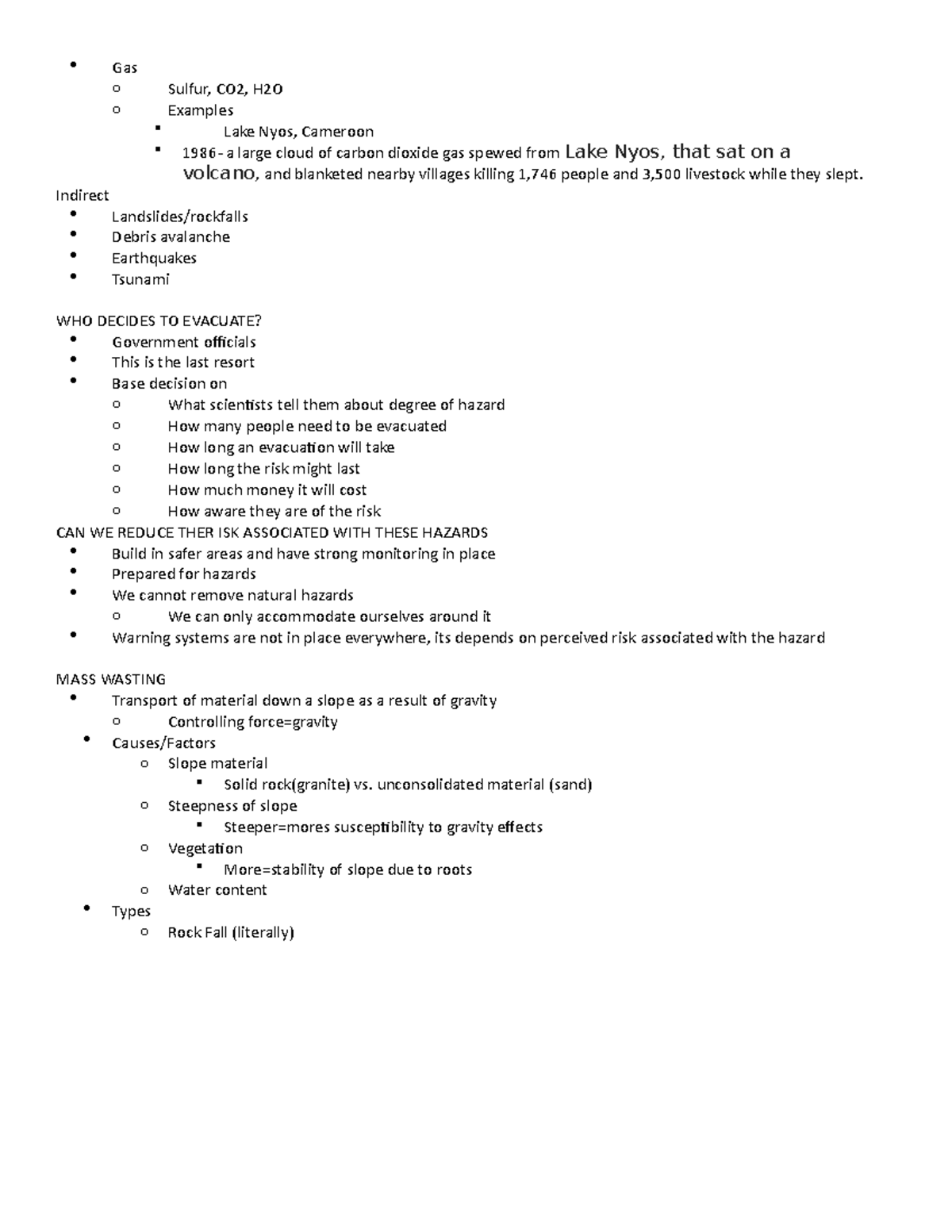 W7-Friday - Lecture notes 13 - Gas o Sulfur, CO2, H2O o Examples Lake ...