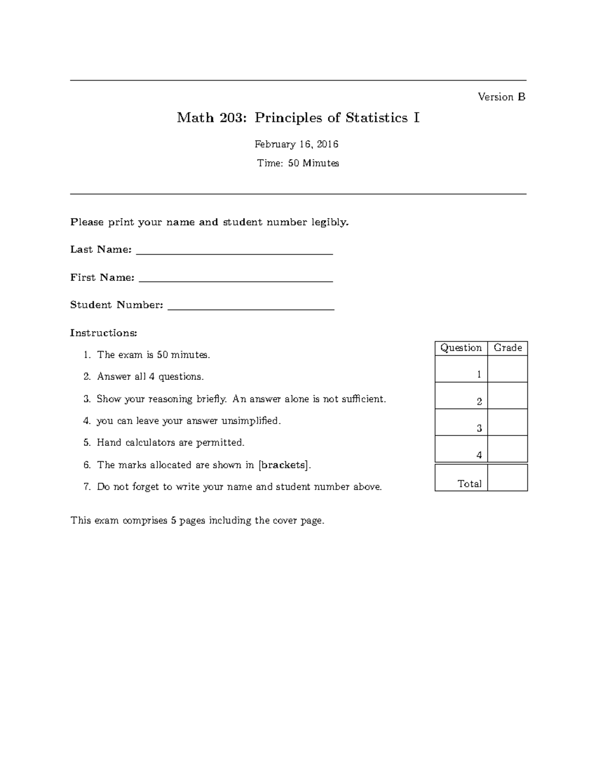 Midterm exam 12 December, questions and answers - Version B Math 203 ...