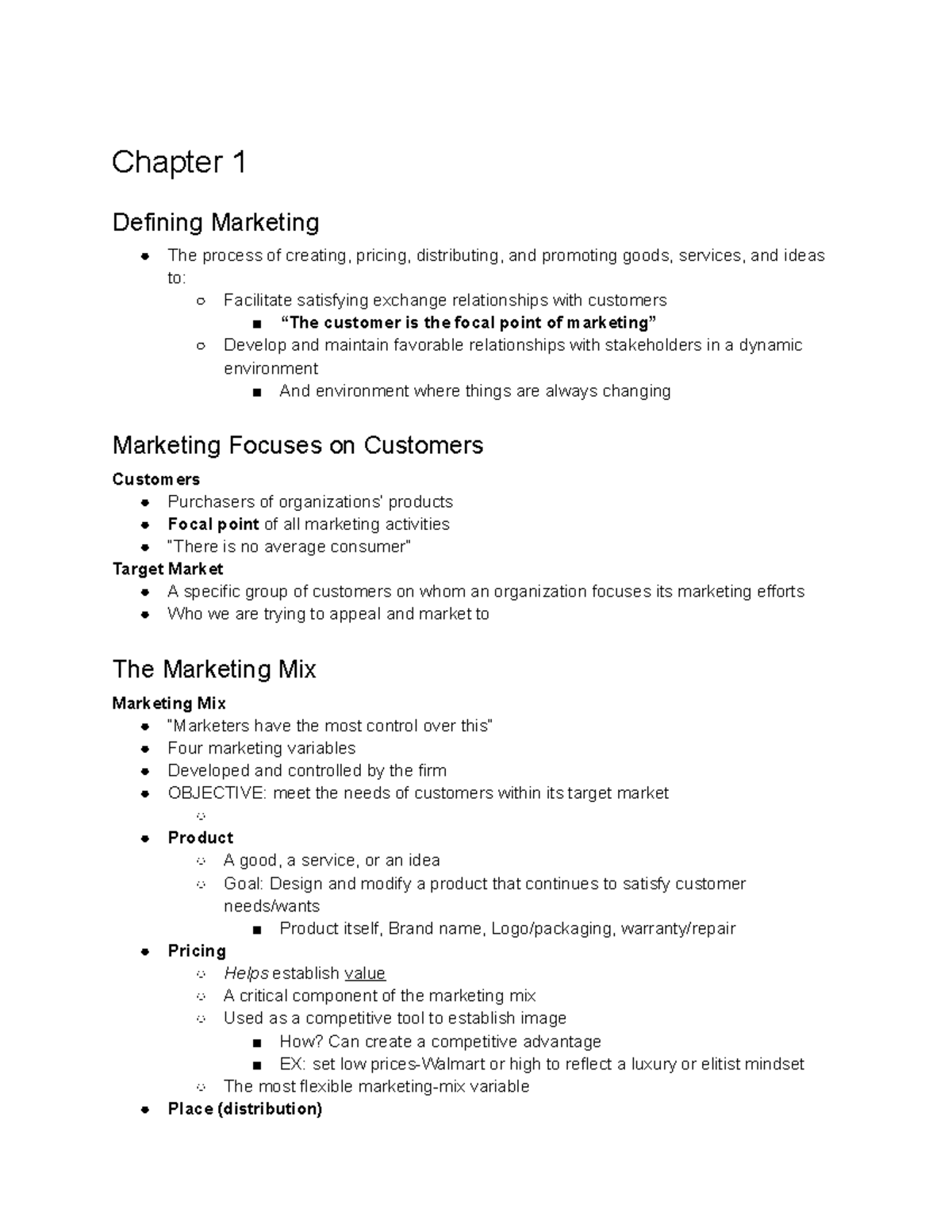 Exam 1 Notes - Chapter 1 Defining Marketing The process of creating ...