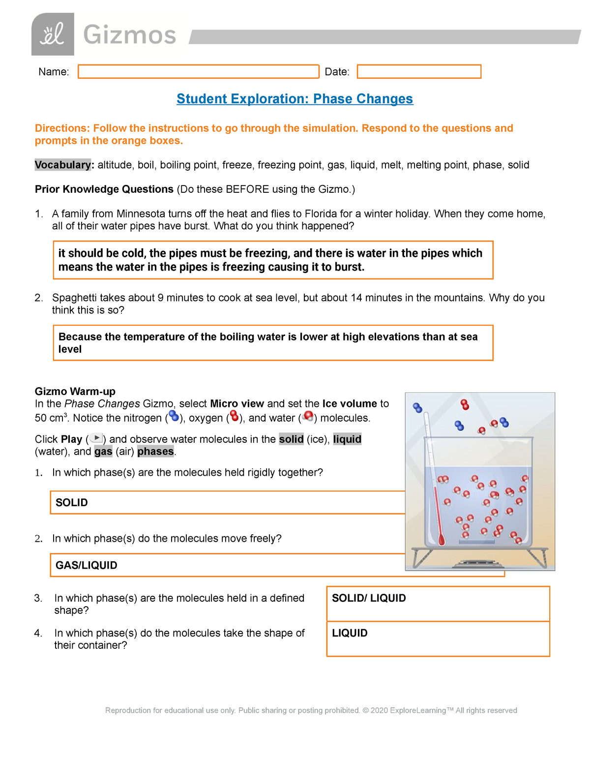 Copy Of Gizmo Phase Changes SE Name Date Student Exploration Phase 