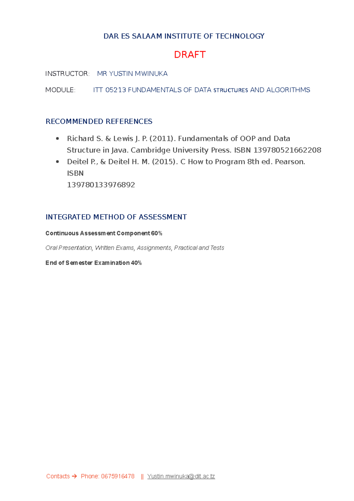 ITT 05213 - ####### DAR ES SALAAM INSTITUTE OF TECHNOLOGY DRAFT ...