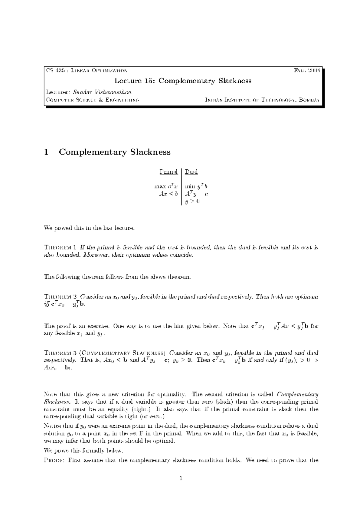 Lecture 15 - complementary slackness notes - CS 435 : Linear ...