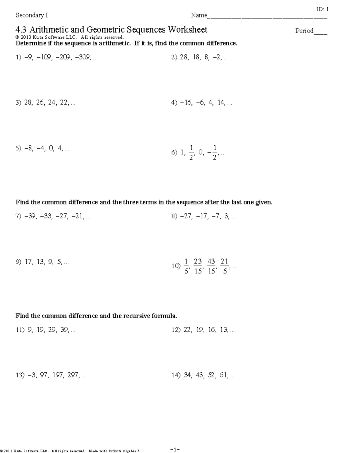 Arithmetic And Geometric Sequences Worksheet Studocu