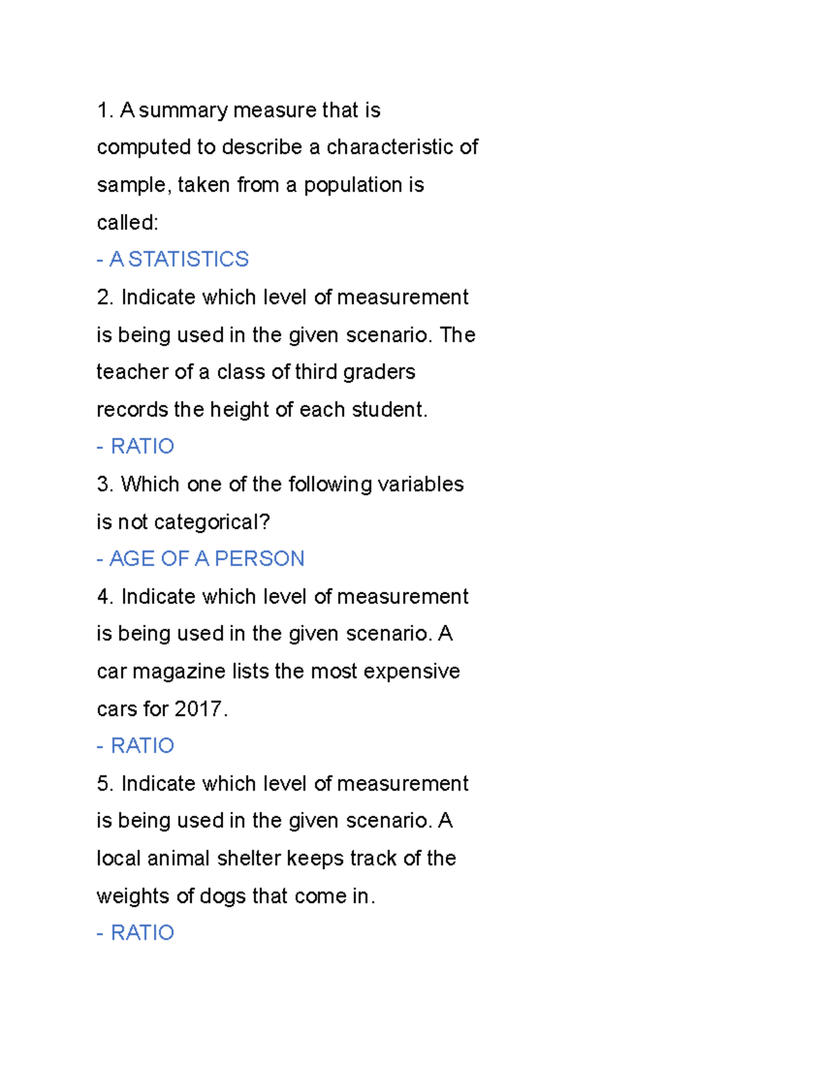 Prelim 2 - A summary measure that is computed to describe a ...